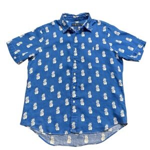 Ralph Lauren Button Up Mens L 100% Linen Pineapple Print Hawaiian Beach Blue